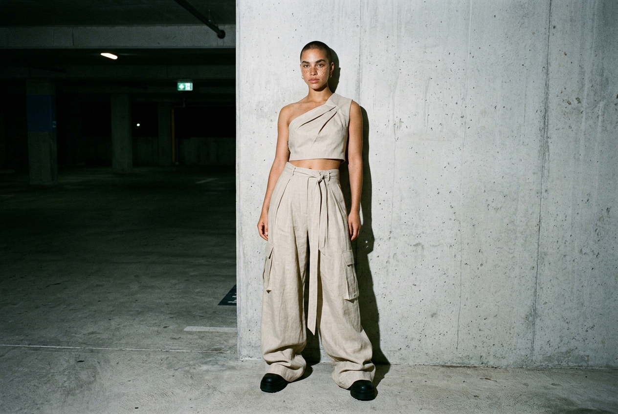 Editorial-Outfit an KI-Model Mara im Parkhaus